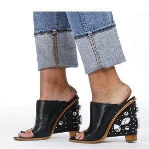 Tibi Leather Crystal Embellishments Slides Wedge 5”Heel Sz 40.5 Black